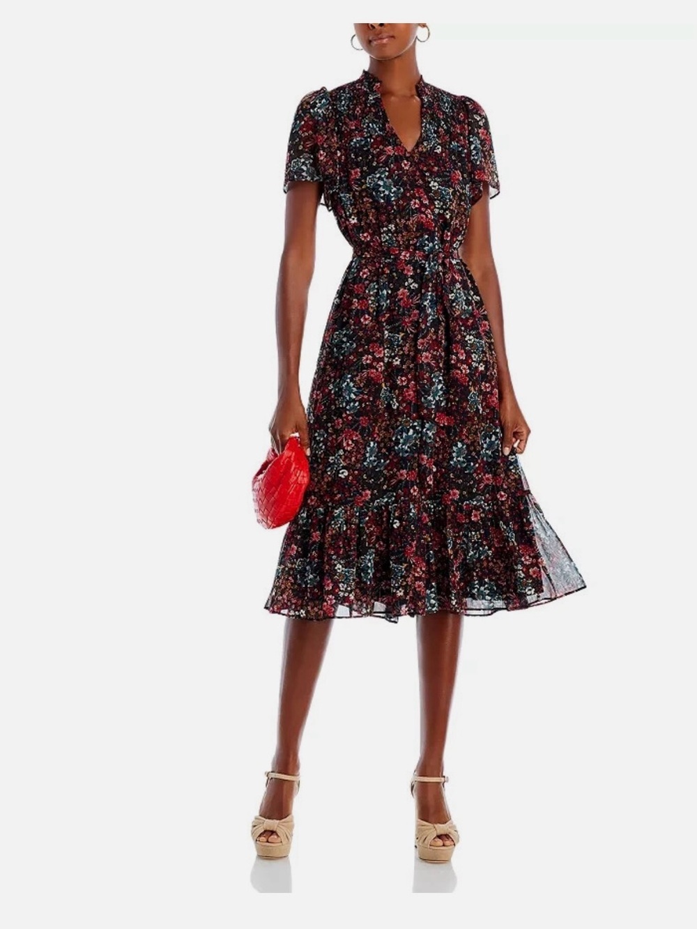 Aqua Black Floral Midi Dress with Red & Blue Blooms